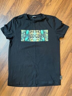 Roberto Cavalli Black Crewneck Tee with Subtle Red Logo